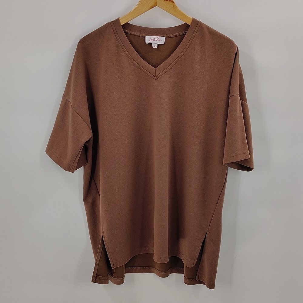 JESS LEA Cody Luxe Tunic Size Large Chocolate Brown Short Sleeve V Neck